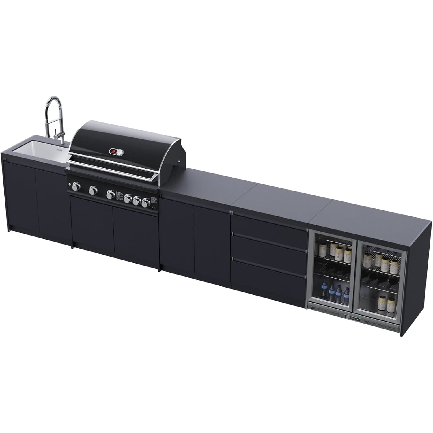 Whistler Grills Fairford 1 Modular Outdoor Kitchen, 5 Burner BBQ with Rotisserie, Sink, Storage and Double Door Fridge - Black