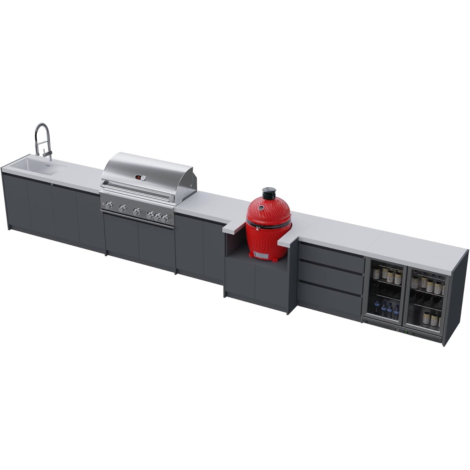 Whistler Grills Fairford 2 Modular Outdoor Kitchen, 5 Burner BBQ with Rotisserie, Sink, Storage, Double Door Fridge and Ceramic Egg Module (egg sold separately) - Grey