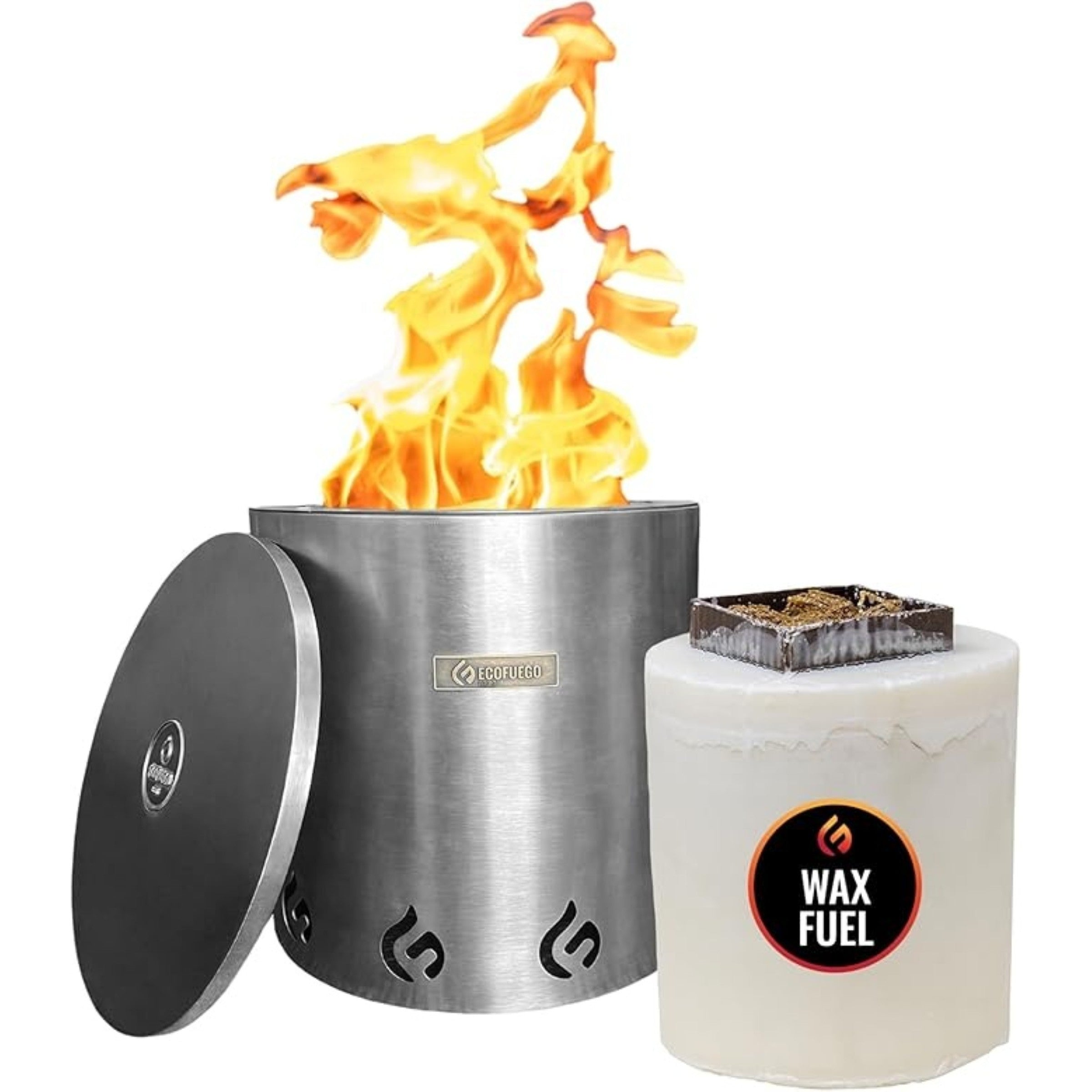 Stainless steel fire pit with wax fuel container on a white background
