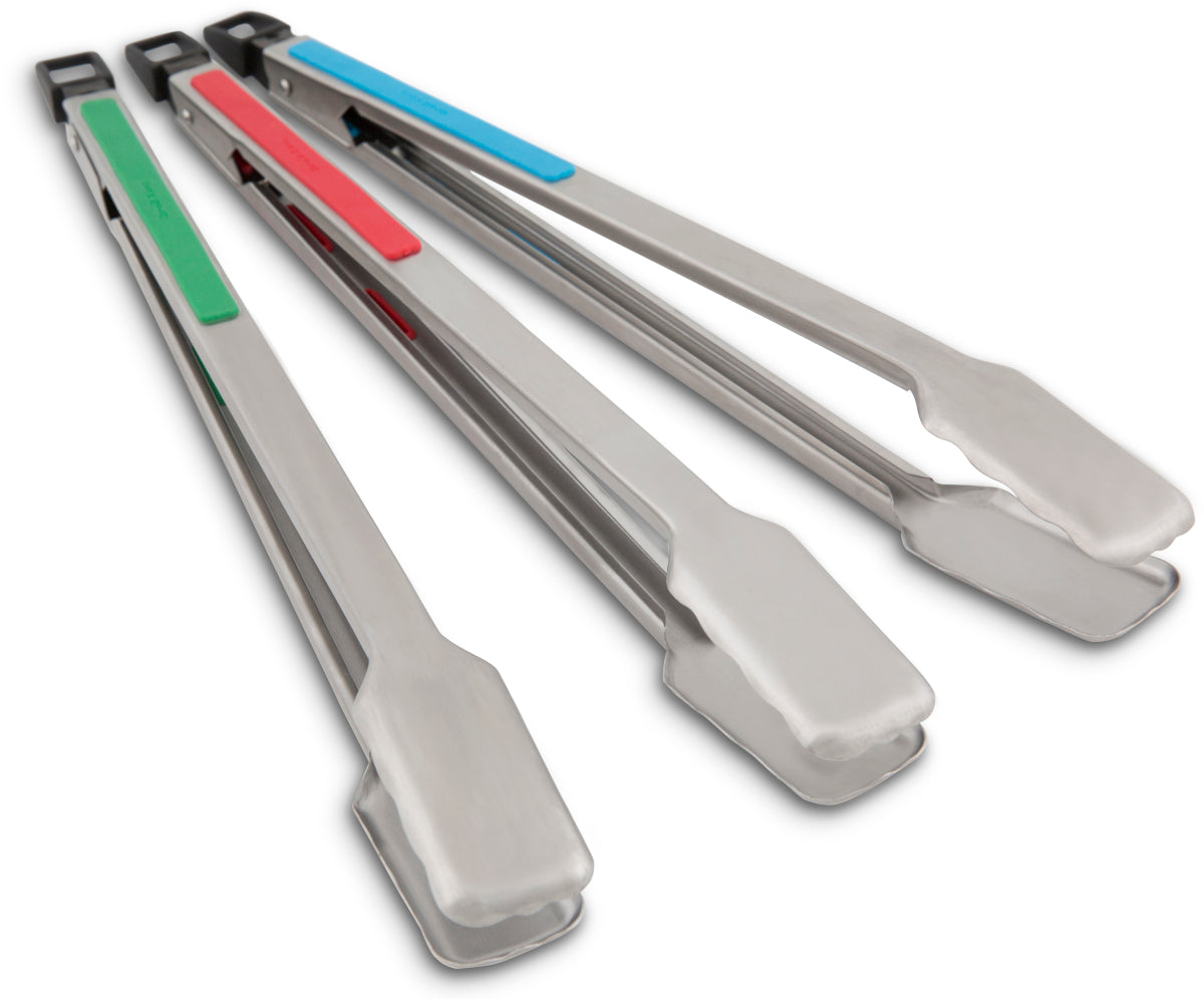 Broil King 3 Pack Grilling Tongs (Colour coded: Green, Red & Blue handle inserts)