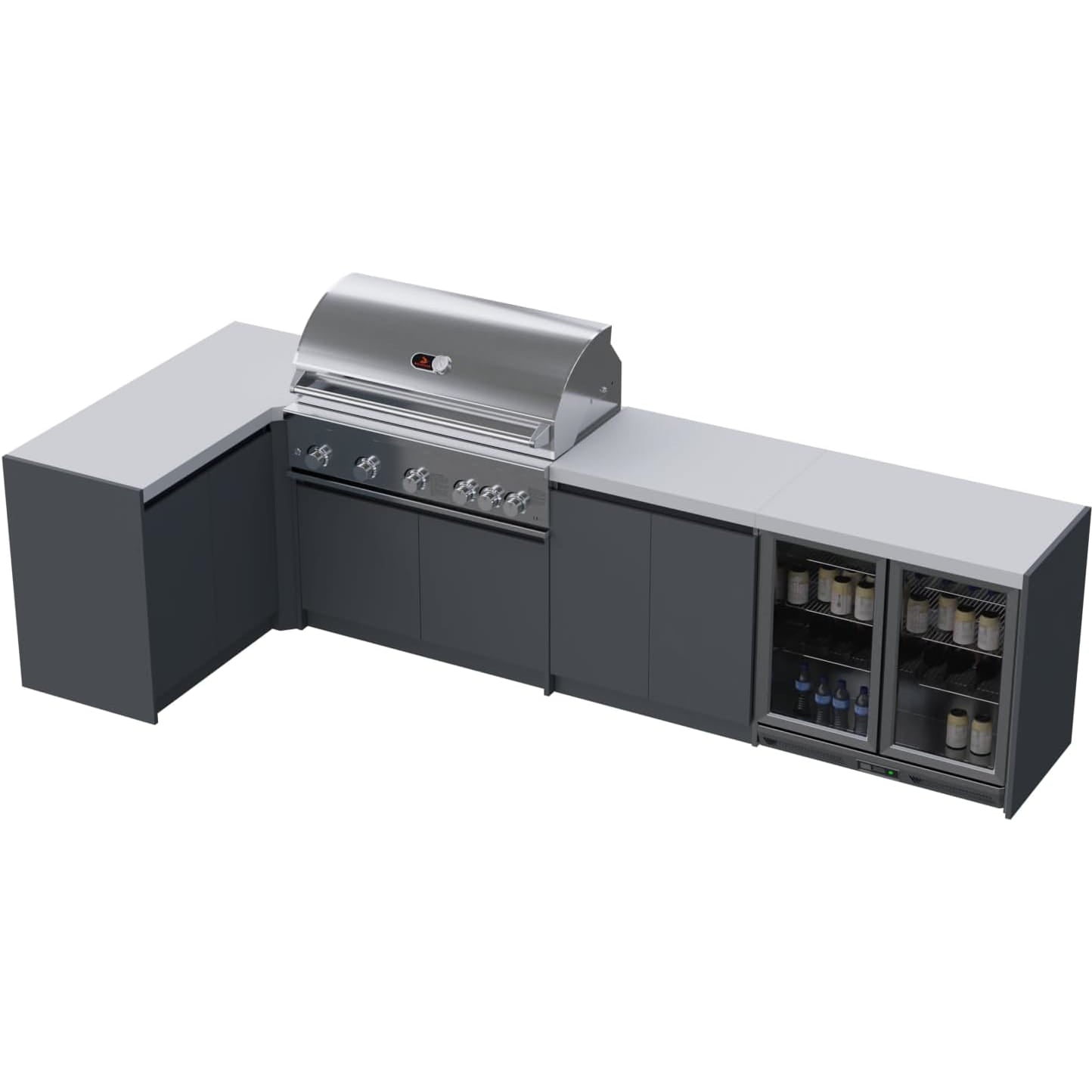 Whistler Grills Fairford 7 Modular Outdoor Kitchen, 5 Burner BBQ with Rotisserie, Sink, Storage and Double Door Fridge - Grey