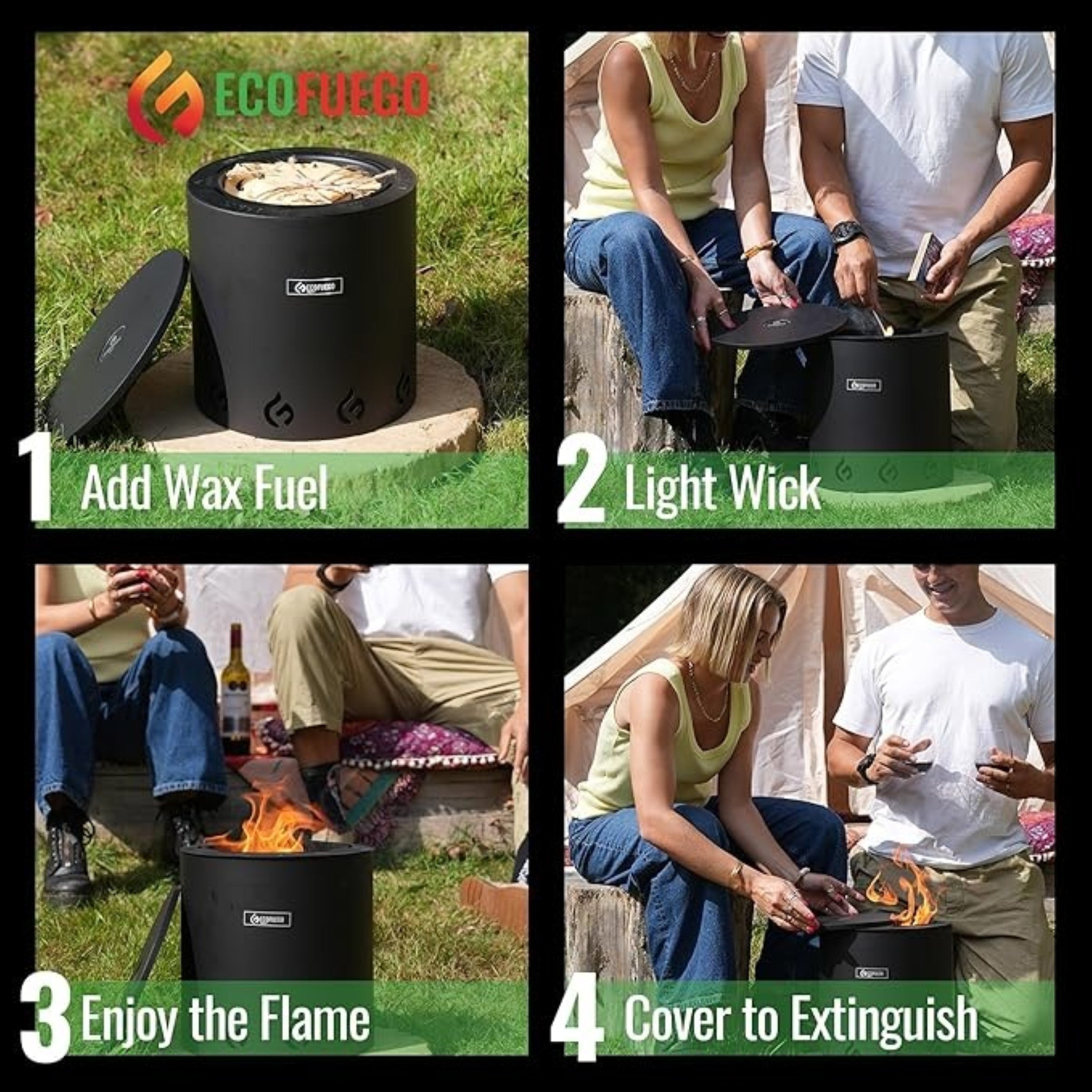 Step-by-step guide on using an EcoFuego product with images of people using it outdoors. 1. Add wax fuel. 2. Light wick. 3 Enjoy the flame. 4 Cover to extinguish. 