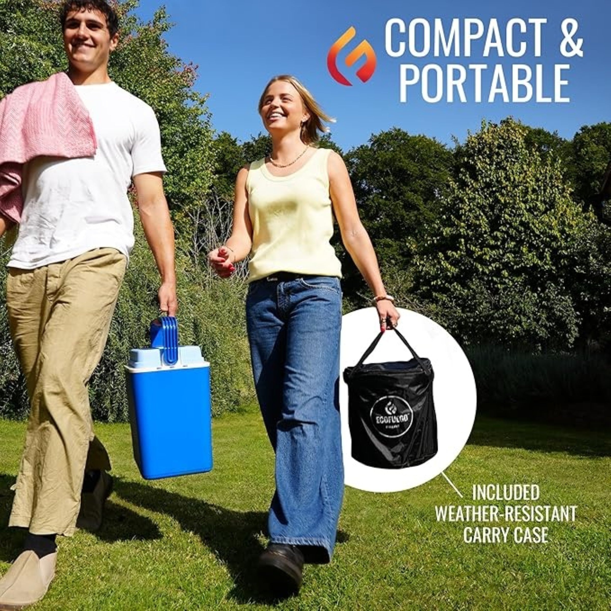 Two people walking outdoors with the firepit in the black bag carry case, promoting compact and portable features.