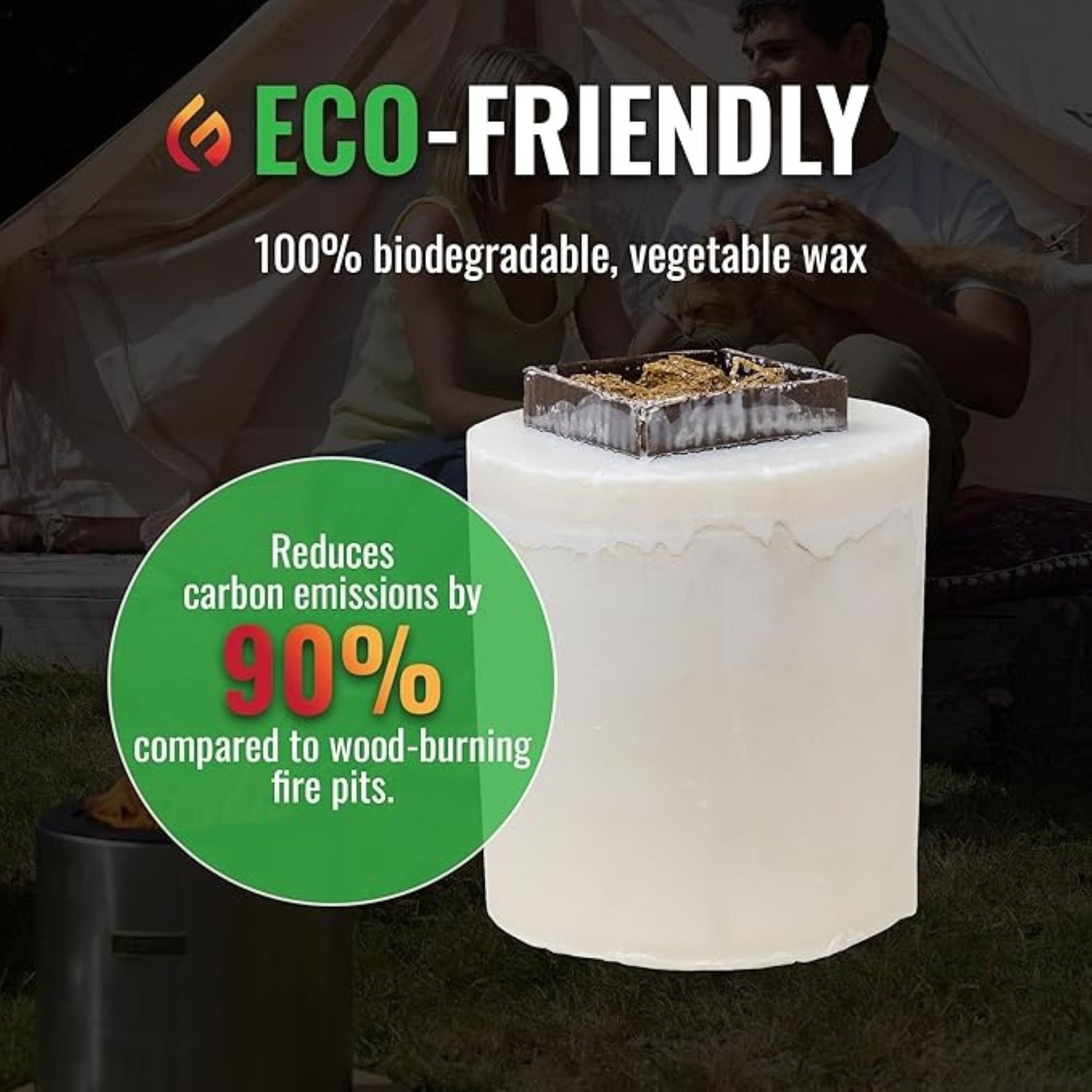 Eco-friendly candle with text highlighting biodegradable wax and carbon emission reduction compared to wood-burning fire pits. 100% biodegradable vegetable wax. Reduces carbon emissions by 90% compared to wood-burning fire pits.
